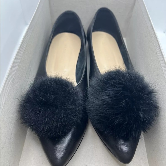 Gabriella Women’s Leather Black Fur Ball Fluffy Toe Pom Pom Bow Shoes Flats - Picture 7 of 10